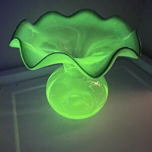 Urianium Glass Green Vase 6 inch Ruffle Edge